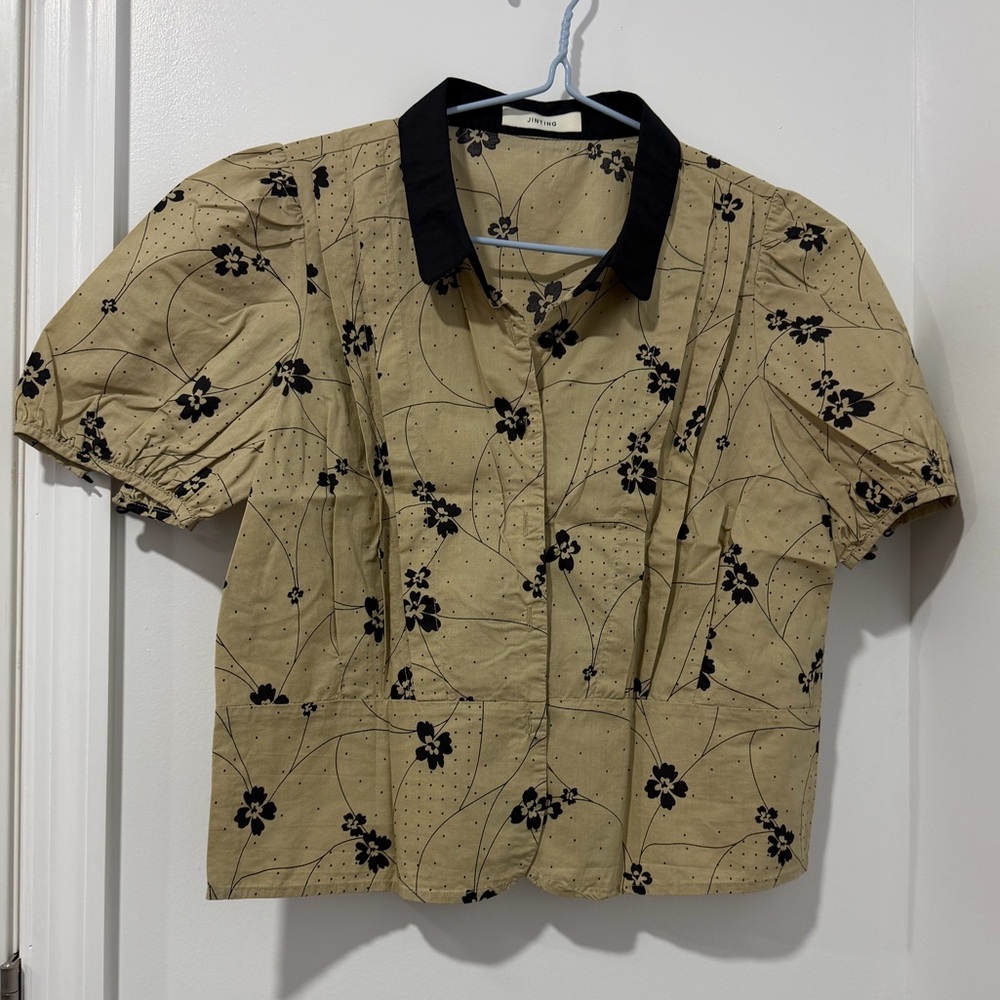 Women Beige Crop Blouse with Black Floral Print Casual and Professional Wear